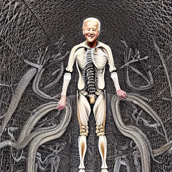 Image similar to Joe Biden full body portrait, biomechanical, by Neri Oxman and alexander mcqueen metal couture editorial, in mycelium hanging garden by giger by utagawa kuniyoshi