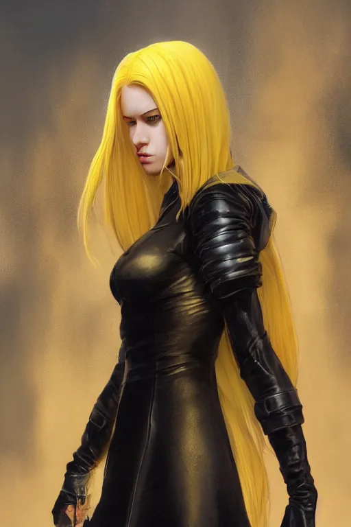 Image similar to girl with yellow hair in a black leather dress in a medieval city, digital art, character art, close - up, beautiful girl, by artgerm, by greg rutkowski, by wlop, photorealism, octane render, cinematic