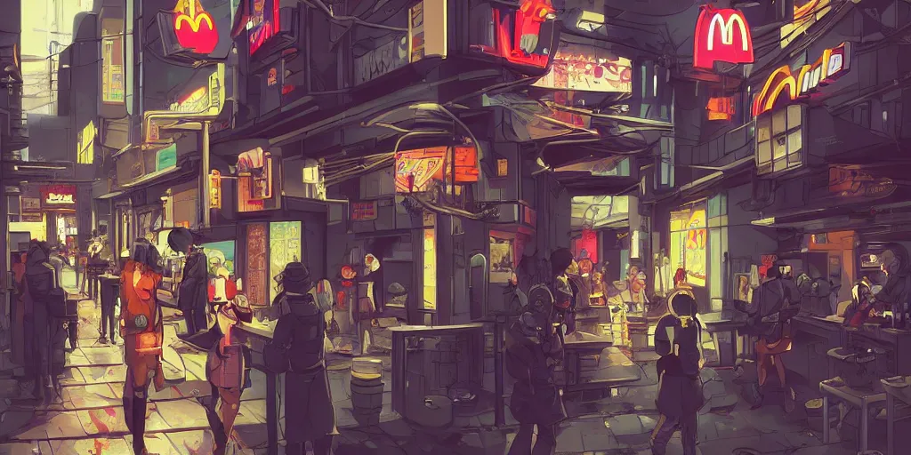 Prompt: a busy backalley cyberpunk mcdonalds by kirokaze