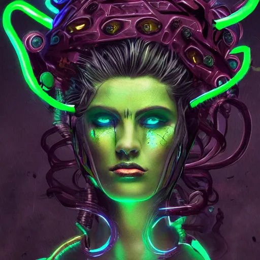 Prompt: cyberpunk Medusa, digital painting, 4k trending on artstation