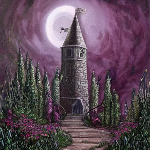 Prompt: Painting of the abandoned wizard\'s tower in the overgrown garden. Fantasy art.