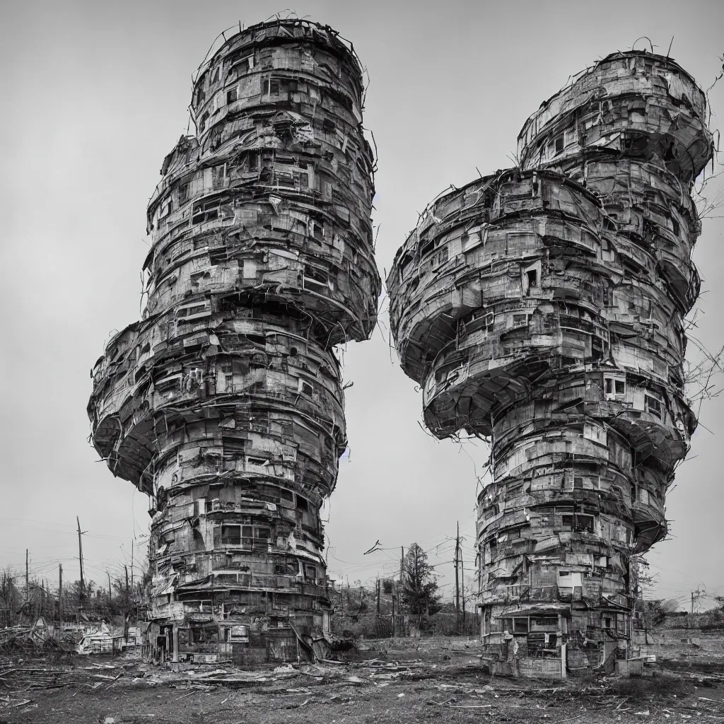 Image similar to a circular tower, made up of makeshift squatter shacks, dystopia, sony a 7 r 3, f 1 1, fully frontal view, ultra detailed, photographed by sugimoto hiroshi,