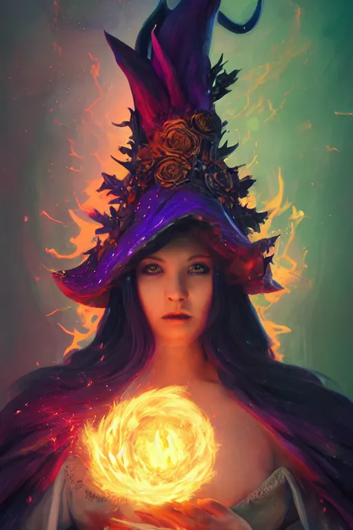 Image similar to a fancy portrait of a beautiful dark magician girl with a large witches hat covered in colourfull flames by Greg Rutkowski, Sung Choi, Mitchell Mohrhauser, Maciej Kuciara, Johnson Ting, Maxim Verehin, Peter Konig, final fantasy , mythical, 8k photorealistic, cinematic lighting, HD, high details, atmospheric,