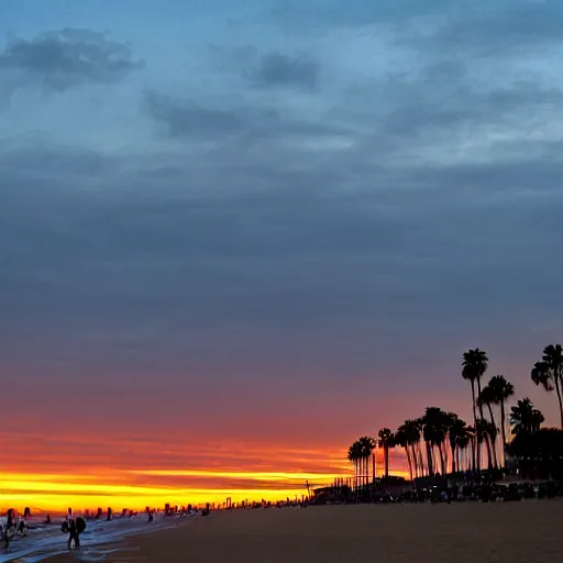 Prompt: santa monica beach at sunset 0 n 4