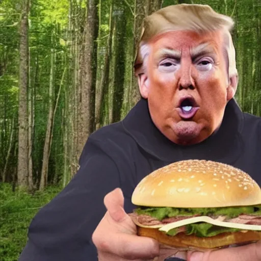 Image similar to trail cam footage of obese Donald Trump eating a burger