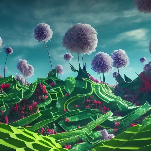 Image similar to an epic flowering alien landscape in the style of origami, 8 k, cinematic light, artstation