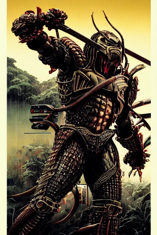 Image similar to poster of the predator with japanese armor and helmet, by yoichi hatakenaka, masamune shirow, josan gonzales and dan mumford, ayami kojima, takato yamamoto, barclay shaw, karol bak, yukito kishiro