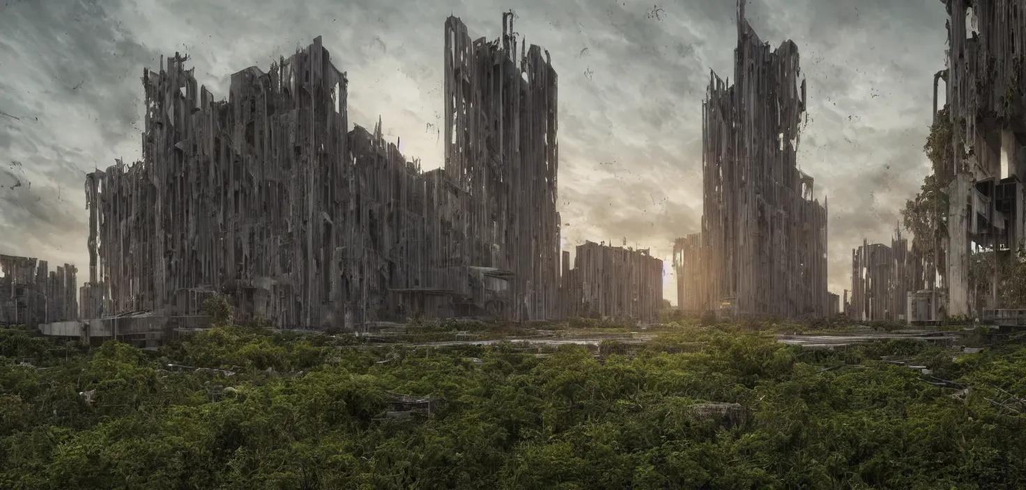 Image similar to an extremely detailed cathedral of brutalist architecture, surrounded by lush green vegetation, stunning volumetric lighting, sunset, rusted metal, concrete, translucent material, stunning skies, scattered rubbish and debris, 8k, photorealistic, hyper detailed, unreal engine 5, IMAX quality, cinematic, epic lighting, digital painting in the style of DOOM and Quake, by Greg Rutkowski, trending on Artstation