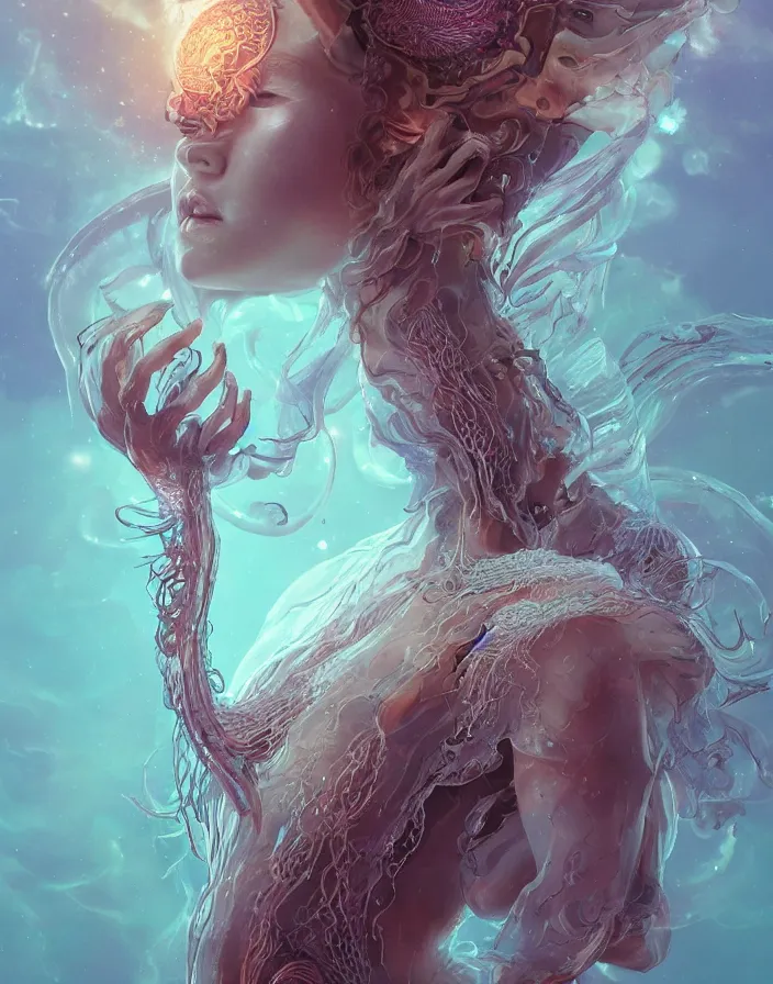 Image similar to goddess portrait. jellyfish phoenix head. intricate artwork by Tooth Wu and wlop and beeple. octane render, trending on artstation, greg rutkowski very coherent symmetrical artwork. cinematic, hyper realism, high detail, octane render, 8k, matte painting, peter mohrbacher, 3d