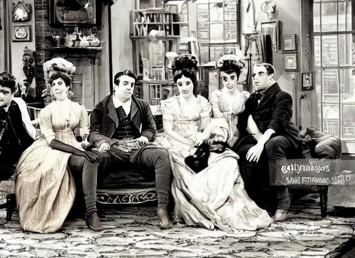 Prompt: a daguerrotype of a film still of friends sitcom in 1 8 0 0 s, vintage