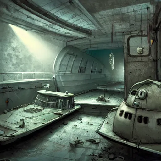 Image similar to inside an narrow quarter room of an abandonned ussr submarine, dim lighting with very small lightrays, comming, concept art, 4 k, hd, art station trending, sergii ivanchenko, sharp and highly detailed