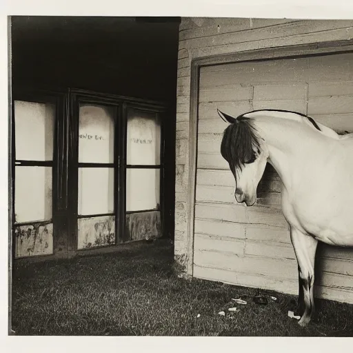 Prompt: A Diane Arbus photograph of a horse with a man's head in clown makeup, piles of empty liquor bottles