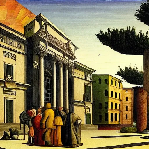 Image similar to solarpunk dreaming new York stock exchange in a toscana landscape with modern houses, painted by Giorgio de Chirico, highly detailed