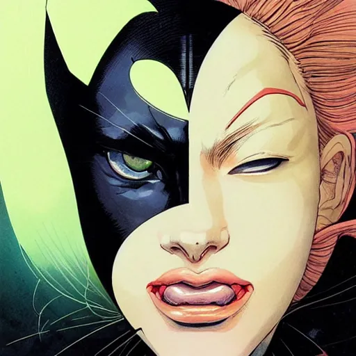 Prompt: prompt : portrait of cat women from batman soft light painted by james jean and katsuhiro otomo and erik jones, inspired by akira anime, smooth face feature, intricate oil painting, high detail illustration, sharp high detail, manga and anime 1 9 9 9