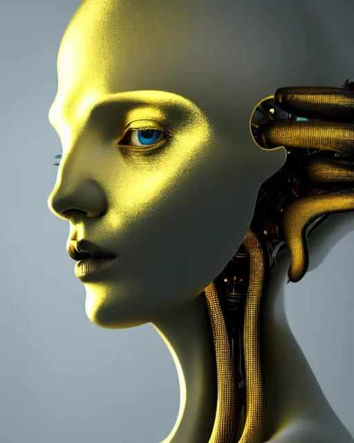 Image similar to white background, halo, dreamy foggy elegant soft luminous profile face 3 d render of a beautiful young golden biomechanical - female - cyborg with a delicate detailed gold mandelbrot fractal texture skin and a very long neck with white gothic pearl embroidered collar, white smoke atmosphere, hg giger, 8 k