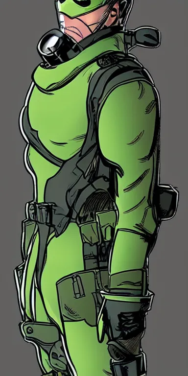 Prompt: time traveling intelligence agent in a sealed continuity suit, simple and functional with gaiter-style gas mask, resembling splinter cell + metal gear solid by Joe Madureira