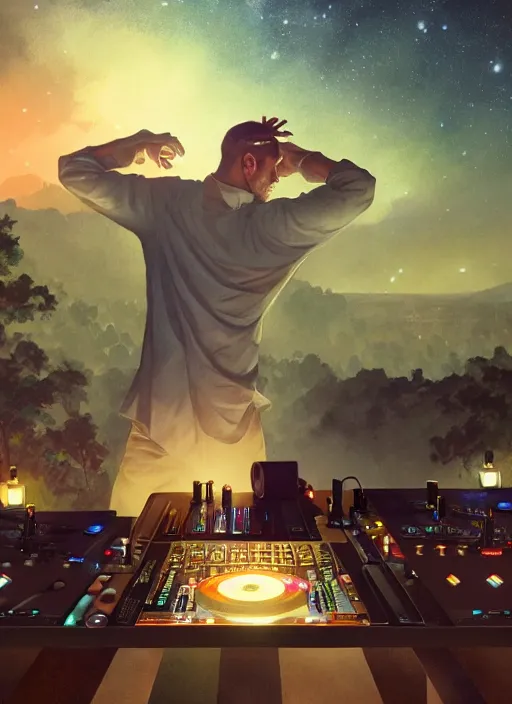 Image similar to A wide shot of a man djing at night under the stars, beautiful, digital art, artstation, hyperrealistic, 8k, unreal engine, octane render, trending on artstation, art by Artgerm and Greg Rutkowski and Alphonse Mucha