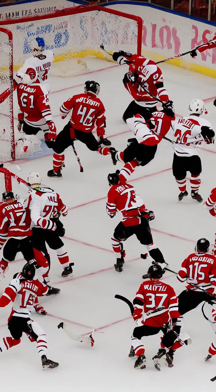 Prompt: 3 5 mm photograph of the new jersey devils hockey team scoring goals, realistic, highly detailed, color