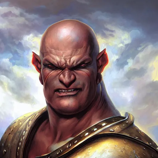 Prompt: a fantasy comic book style portrait painting of a bald half - orc male warrior, art by artgerm, boris vallejo, karol bak, mark brooks, donato giancola, bayard wu, 4 k, hires, focus