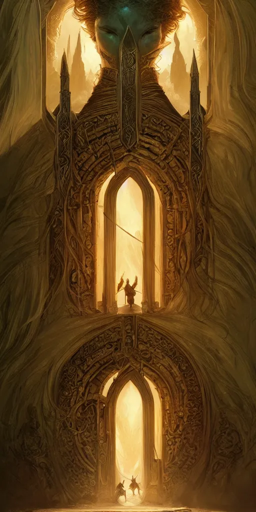 Prompt: door from lord of the rings, girls, d&D, magic the gathering, ancient, sand, emerald, intricate, highly detailed, digital painting, artstation, concept art, smooth, sharp focus, illustration, Unreal Engine 5, 8K, art by artgerm and greg rutkowski and alphonse mucha