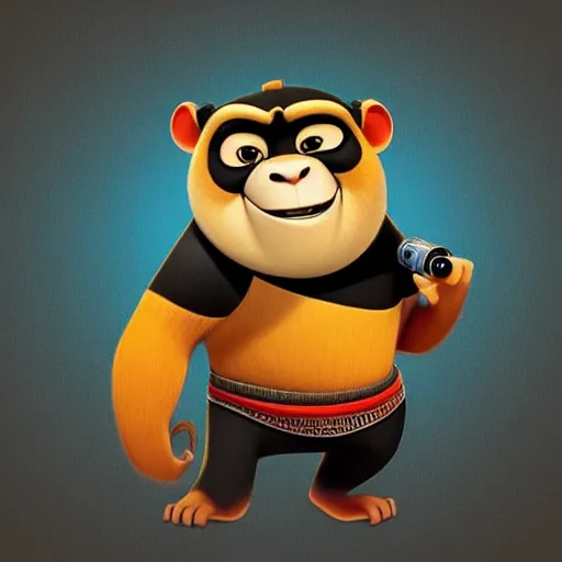 Image similar to “ portrait of a monkey in the style of kung fu panda holding laser gun, with a black background, digital art, award winning, trending on art station, retro style ”