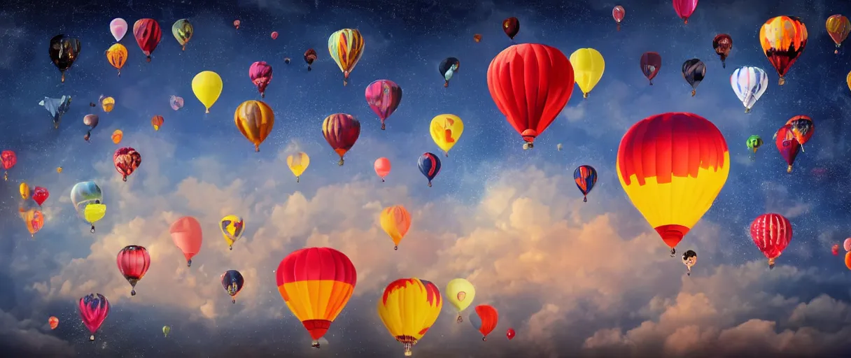 Image similar to joyful people are flying on colorful balloons, black hole on the sky, and they are moving into a fiery abyss in the sky, hyper realistic