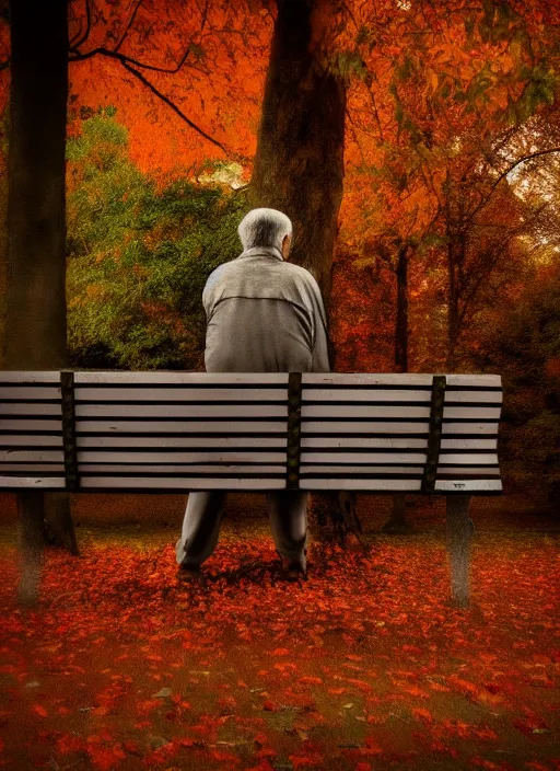 Image similar to conceptual photography portrait of an old man on a park bench fading into nothing, autumn tranquility, forgetfulness, fading to dust and leaves, oblivion, inevitability, aging, surreal portrait, moody, deep oranges and browns, color toning, hopeless, 4 k