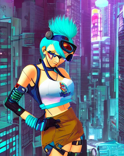 Image similar to cel shaded art of a pretty blue haired girl, jet grind radio graphics, cyberpunk city street background