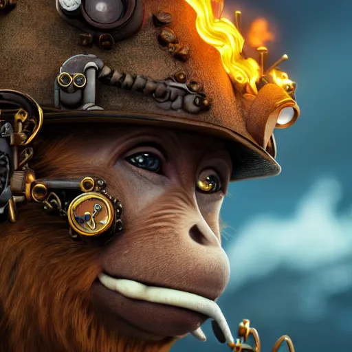 Prompt: pretty blond steampunk monkey surrounded by lava, 8 k, shallow depth of field, 8 k, ultra high detail, concept art,