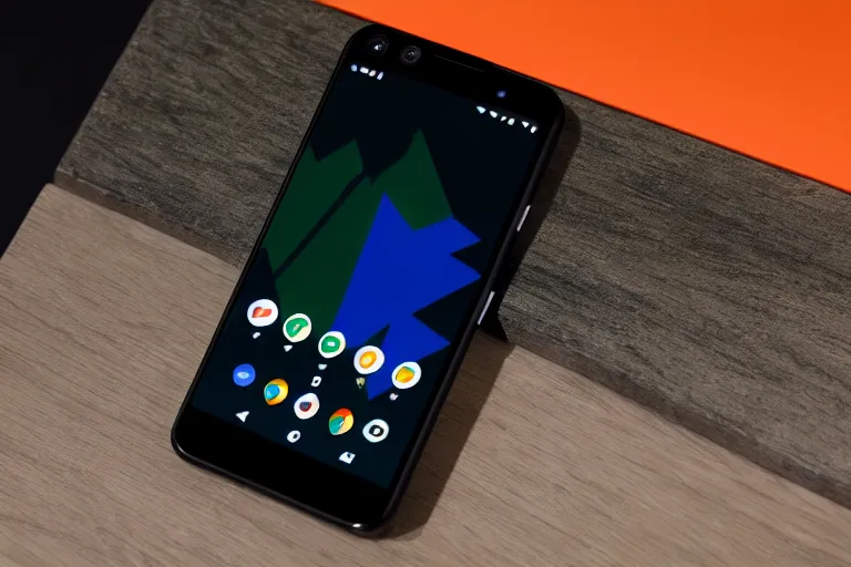 Prompt: a Google pixel phone with a bezel-less screen, Black Matte sides and a matte orange back.