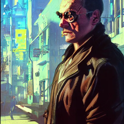 Image similar to [UHD Merlin as a GTA character on the streets of futuristic laserpunk Dallas, correct face, intricate facial details, symmetrical face, elegant, graphic detail, digital painting, trending on artstation, concept art, tonalism, sharp focus, illustration, art by Akira Toriyama and Greg Rutkowski and Alphonse Mucha]