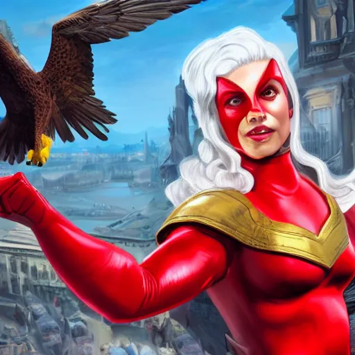 Prompt: captain vienna, a austrian superhero, red and white costume colors, with an eagle emblem, eagle logo, vienna city, european buildings, austrian architecture, highly detailed, digital painting, artstation, concept art, smooth, sharp focus, illustration, unreal engine 5, 8 k, art by artgerm and greg rutkowski and edgar maxence