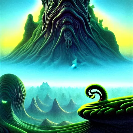 Image similar to highly detailed fantasy art of an alien cephalopod creature in a surreal landscape filled with mountains and mist, diffuse lighting by roger dean, kilian eng, mœbius