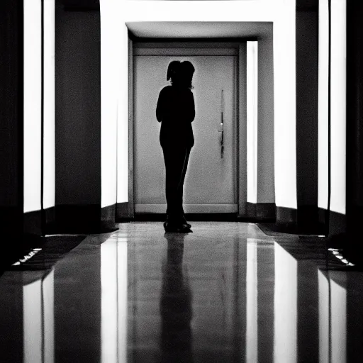 Prompt: a bowl of soup in an empty hotel hallway, mysterious, dark, cosmic, ethereal, mystical, neon lit