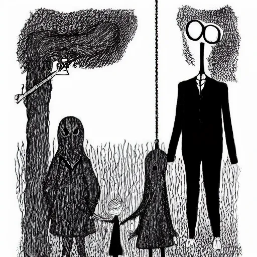 Prompt: “slenderman standing by a girl on a swing set, style of Edward Gorey”