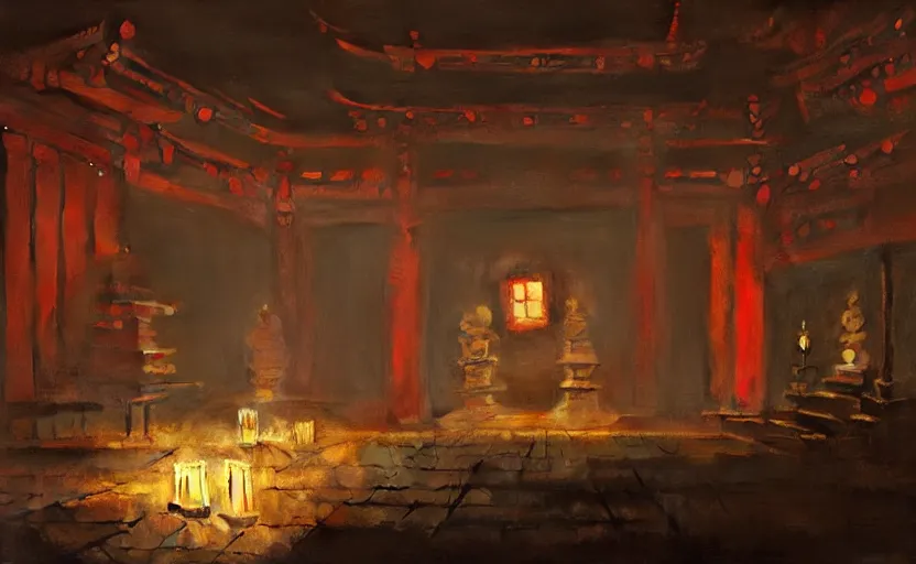 Prompt: painting of an underground Japanese temple with candles by Greg Rutkowski and Craig Mullins, Dark cold atmospheric sad and cinematic lighting, Trending on artstation
