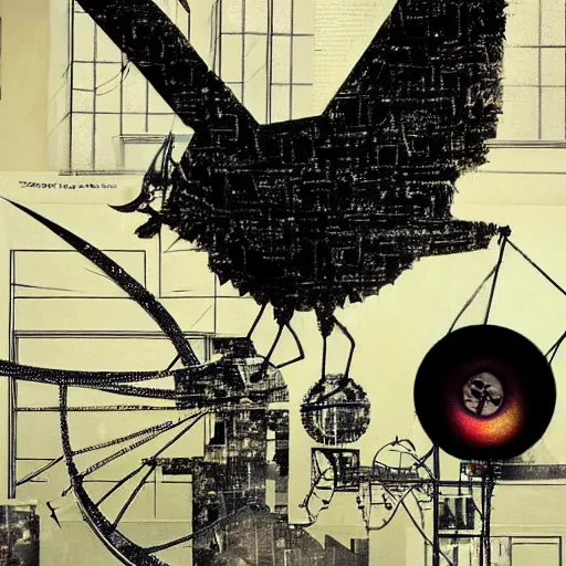 Prompt: a mechanical bird wanders between the cybernetic realms of urban science and social science, collage artwork by dave mckean and ivan shishkin and yoshitaka amano