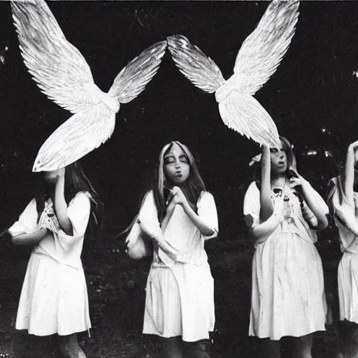 Image similar to angelgirls with deteriorating wings perform an occult ritual, overexposed photograph, stressed burnt out, occultism