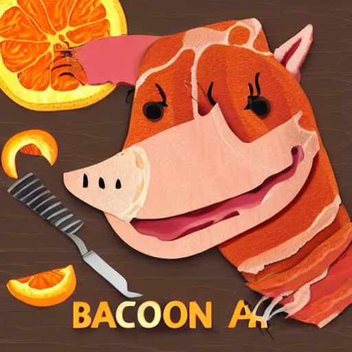 Prompt: anthropomorphic bacon strip, the bacon is sword fighting an orange tabby, realism