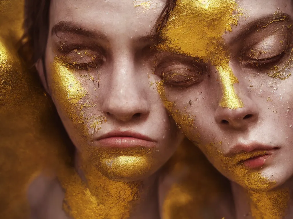 Prompt: a beautiful hyperrealistic rendering portrait of a human being with kintsugi reparied pottery cracks of gold on their face, rendering, cryengine, deep colors, deep lush vivid colors, vray render, cgsociety