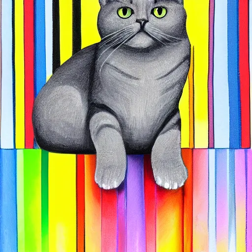 Image similar to claudia sanchez colorful cat art portrait of a grey british shorthair cat sitting on wavy abstract piano keys with musical notes in the background detailed luminescent magical realism painting of 4 k