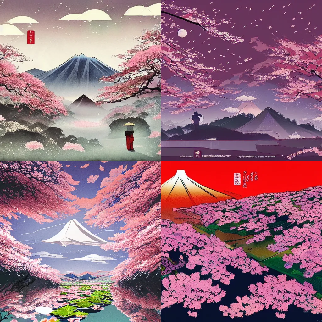 Prompt: beautiful illustration of an origami landscape in a cherry blossom storm, japanese countryside, in the style of Katsuhiro Otomo and Takehito Harada and Yoshitaka Amano