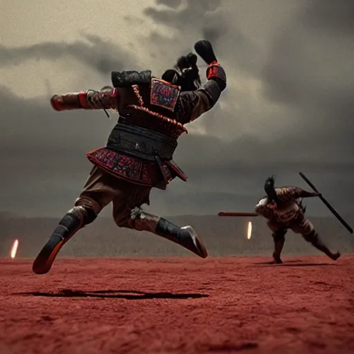 Prompt: samurai epic jump, movie shot, 35mm, feels epic, atmospheric, photo-real, 8K render, cinematic lighting