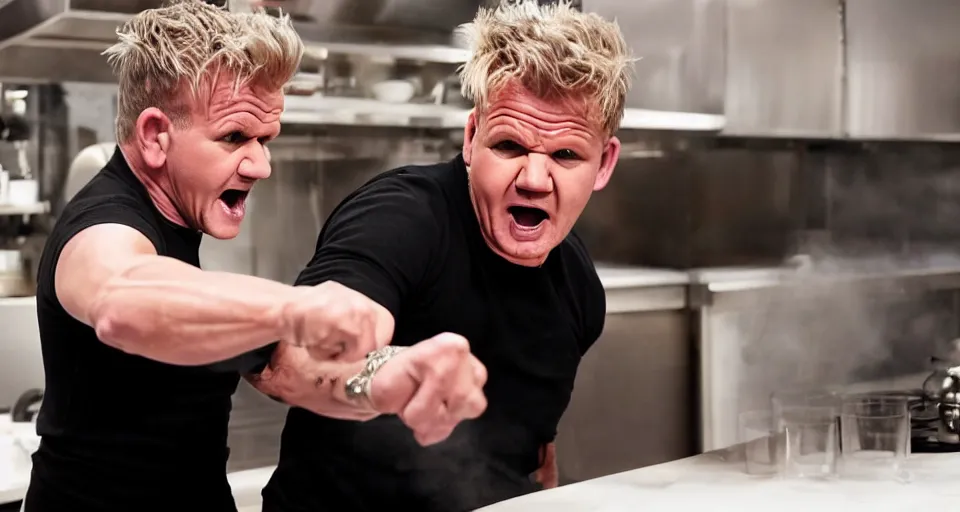 Image similar to photo of angry furious Gordon Ramsay punching Gordon Ramsay at the kitchen