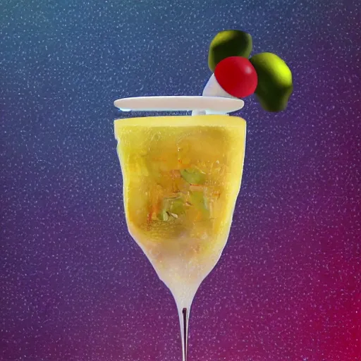 Prompt: close - up of white reneissance head holding a coctail, colorful coctail, digital painting, 3 d render, above the waist