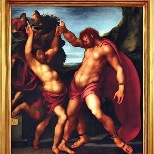 Image similar to the devil and the god, epic fight, iconic battle by raphael