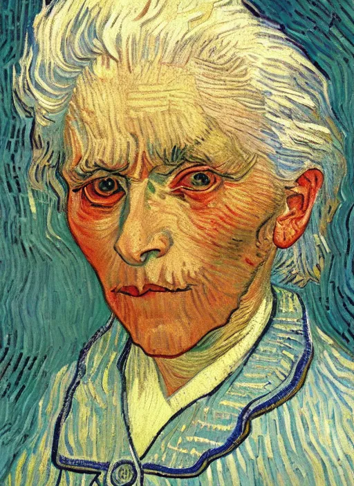 Image similar to portrait of a tired old woman with white hair by van gogh, detailed face, symmetrical painting, beautiful expressionist oil painting masterpiece, 8 k resolution, smooth, sharp focus, pastel color palette, trending on artstation