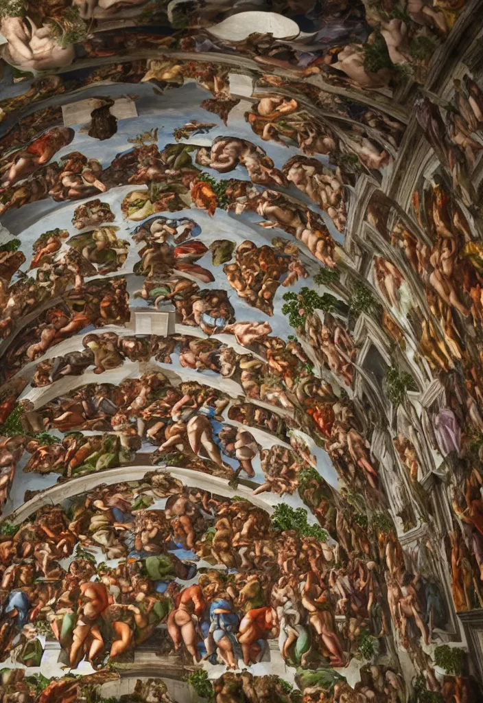 Image similar to a sistine chapel building made of vegetables, 8 k, artstation, highdetailed