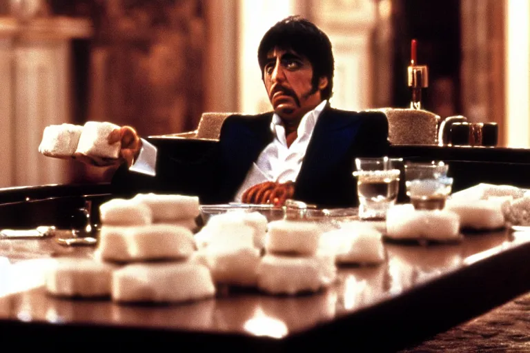 Image similar to tony montana from movie scarface 1 9 8 3 sitting behind a big black oak table with big large packages of flour. long shot. al pacino. perfect symmetric face, coherent eyes, fine details, 4 k, ron cobb, cinestill. last scene from scarface movie