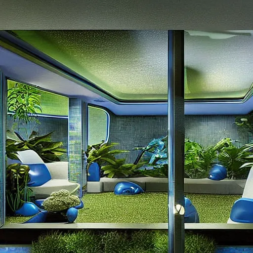 Image similar to a large blue futuristic room, startrek style, filled with plants, vegetation, rocks and a swimming pool.